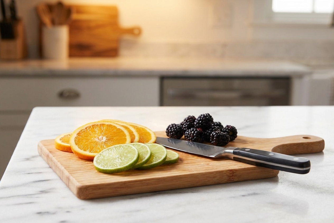 Thin orange and lime slices with a small pile of blackberries on a cutting board beside a chef's knife
