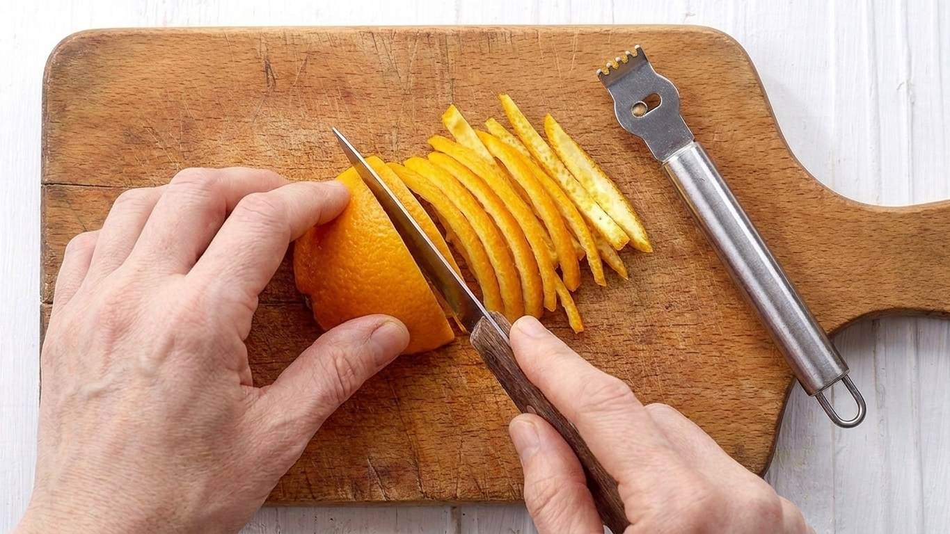 Thin orange peel strips being sliced on a wooden cutting board with a chef's knife