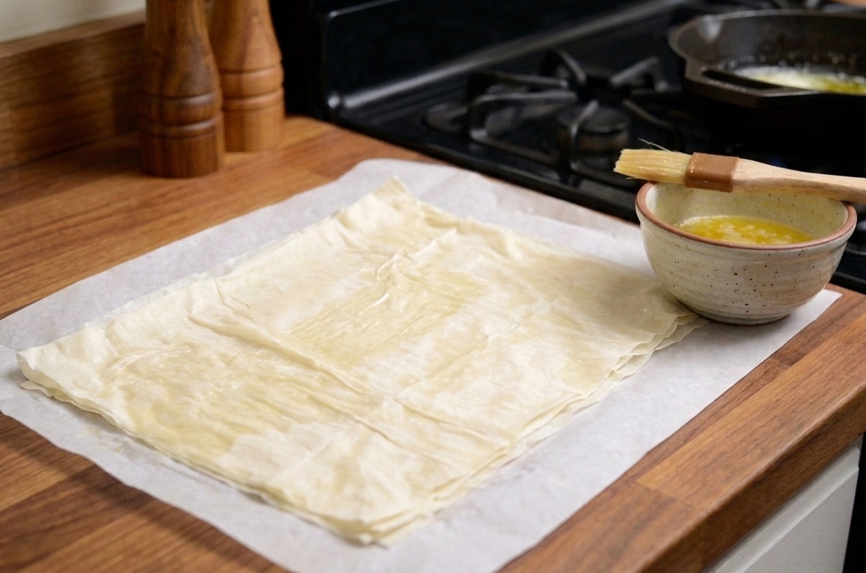 Thin phyllo dough sheets unrolled on parchment paper on a kitchen counter with a small bowl of melted butter nearby