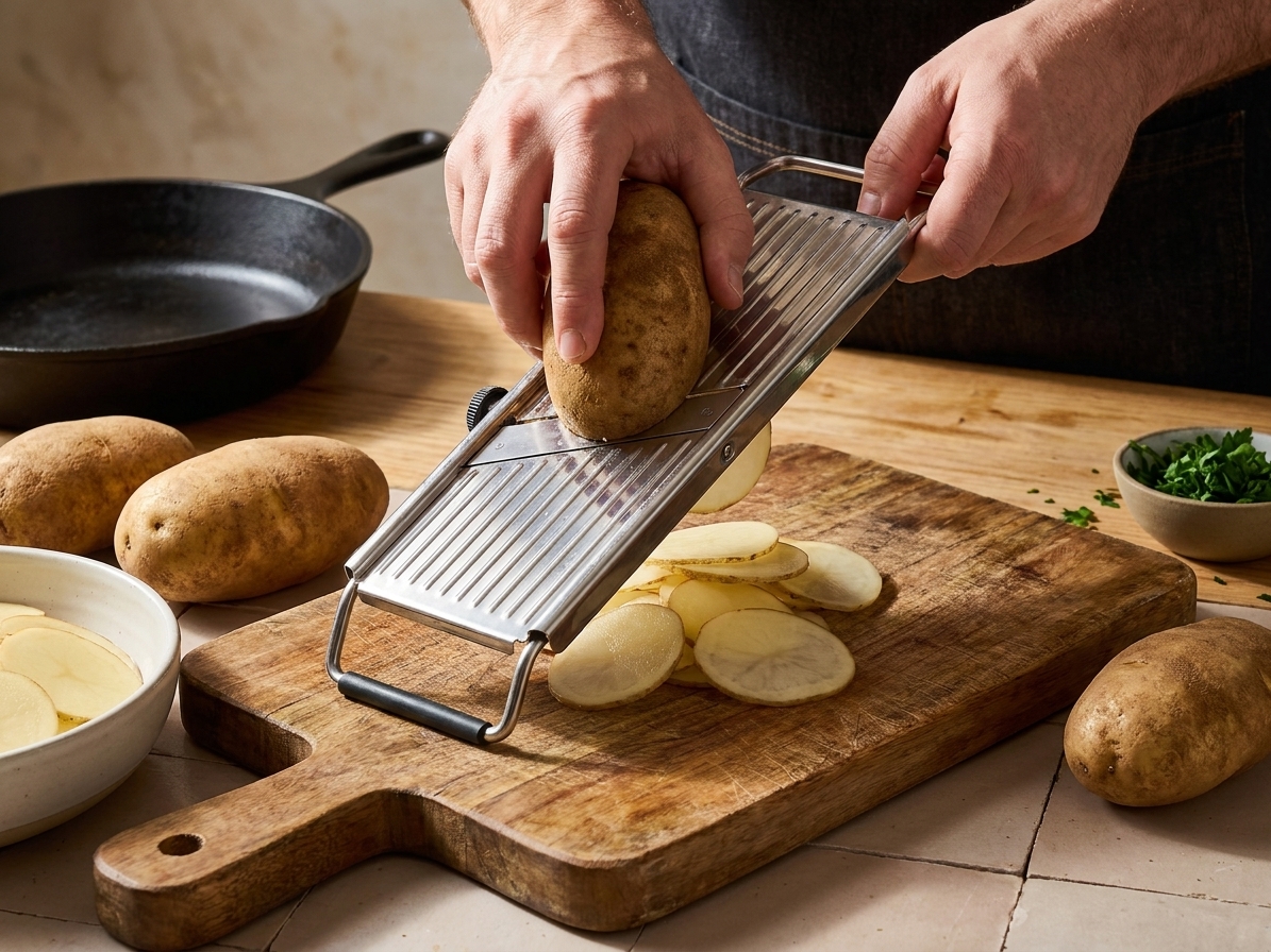 Thin potato slices being cut on a mandoline over a cutting board