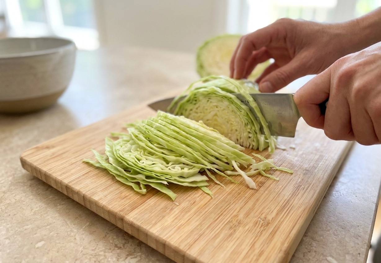 Thin ribbons of green cabbage being sliced on a wooden cutting board with a chef knife in a bright home kitchen