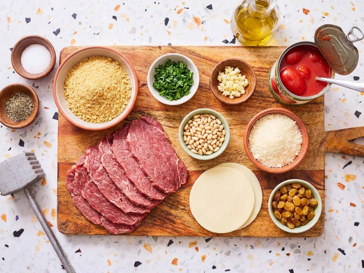 Thin-sliced beef, breadcrumbs, parsley, garlic, Parmesan, provolone, pine nuts, raisins, olive oil, and canned tomatoes arranged neatly on a kitchen counter