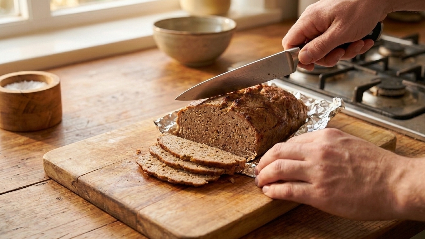 Thin slices being cut from a chilled doner meat loaf on a wooden cutting board with a chef's knife