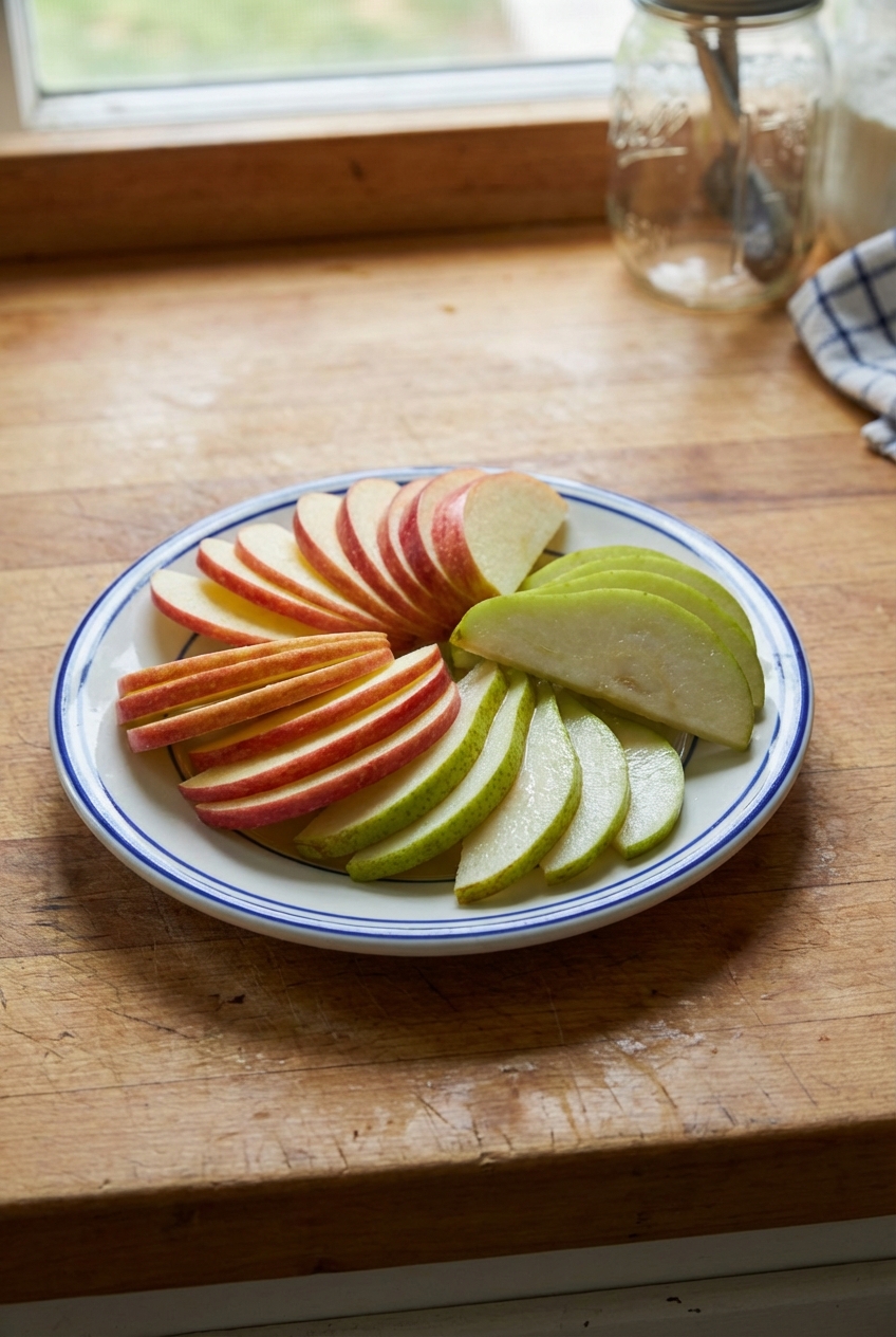Thin slices of apple and pear arranged on a small plate