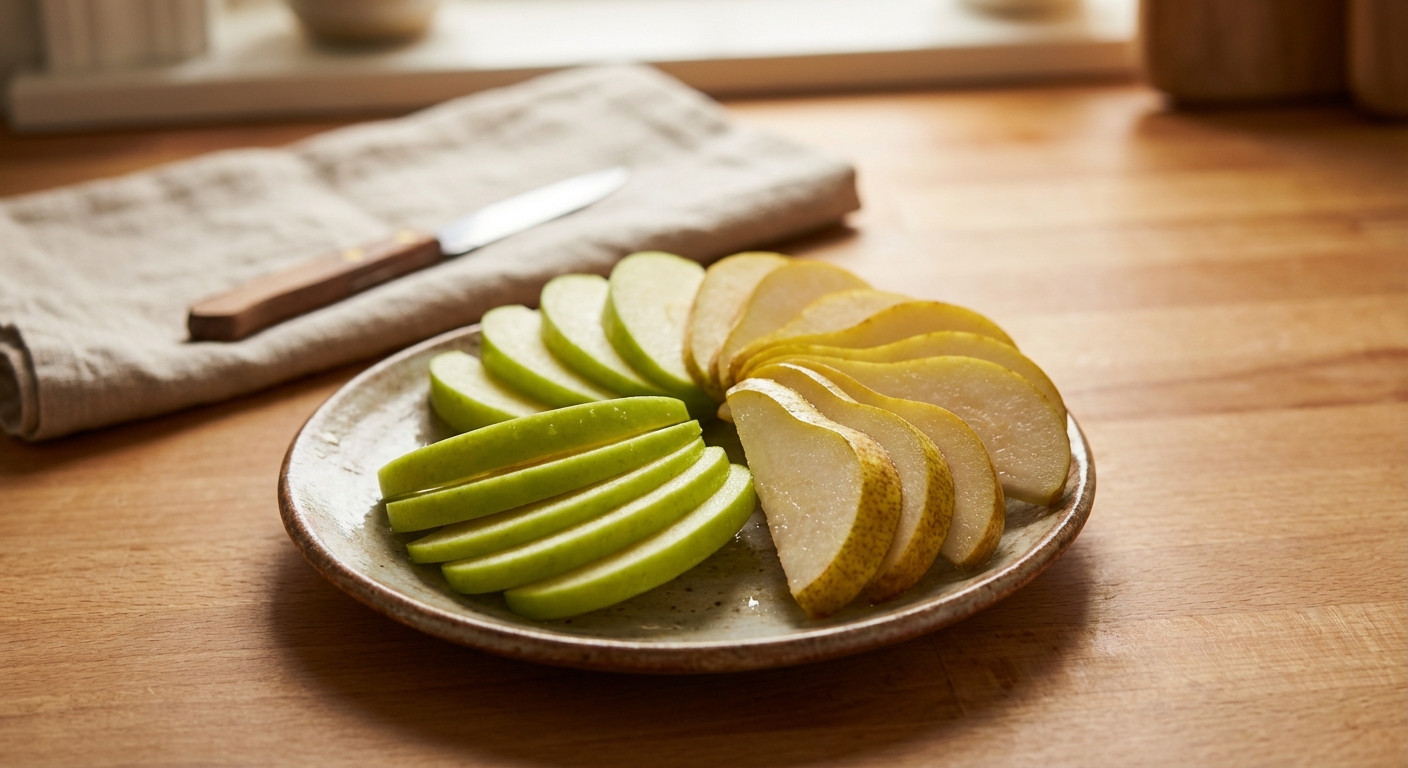 Thin slices of apple and pear arranged on a small plate