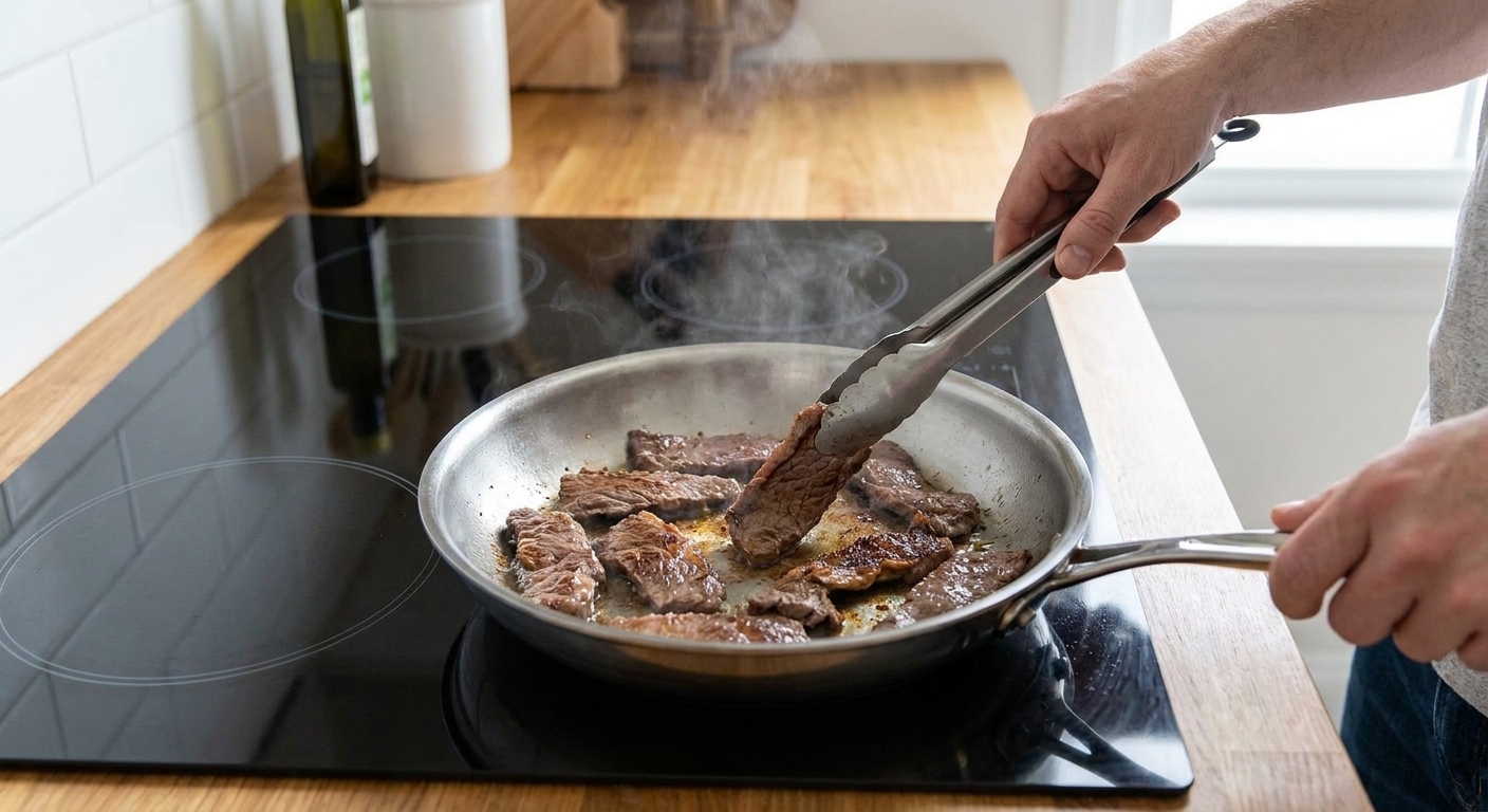 Thin slices of beef browning in a hot skillet with slight caramelized edges and tongs turning pieces over