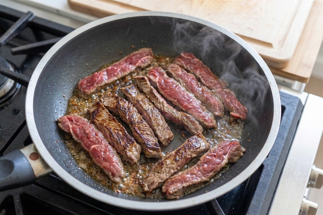 Thin slices of beef browning in a skillet with caramelized edges and steam rising during cooking