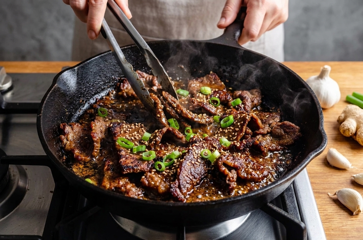 Thin slices of beef bulgogi sizzling in a hot skillet with caramelized edges and scattered scallions