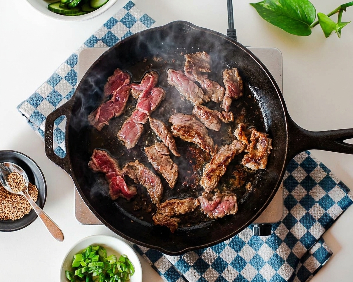 Thin slices of beef searing in a hot cast iron skillet with browned edges forming