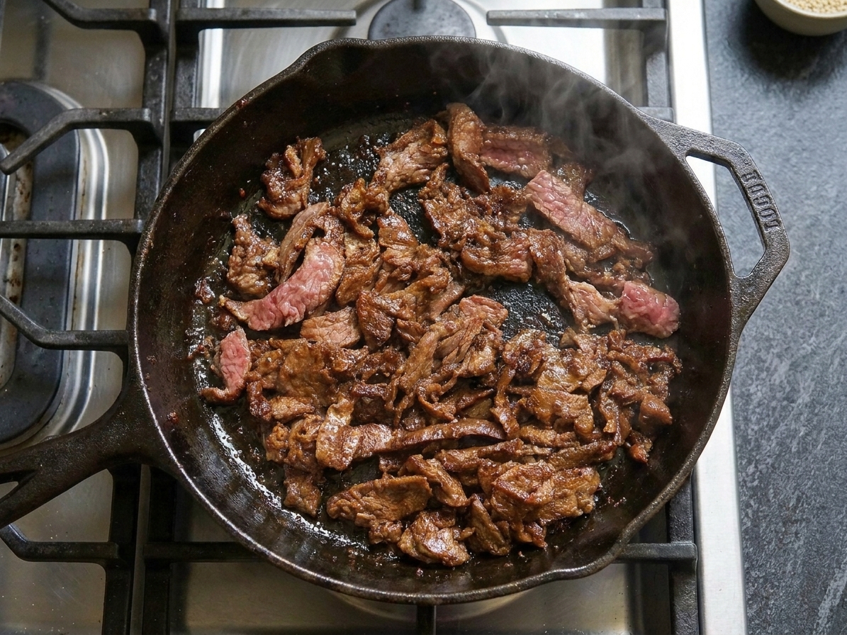 Thin slices of beef searing in a hot skillet with browned edges, viewed from above on a home stove