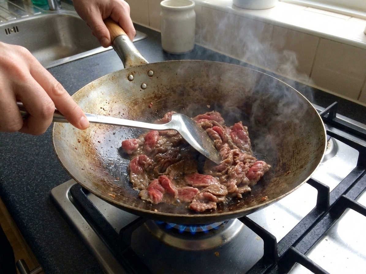 Thin slices of beef searing in a hot wok while being turned with a metal spatula on a home gas stove