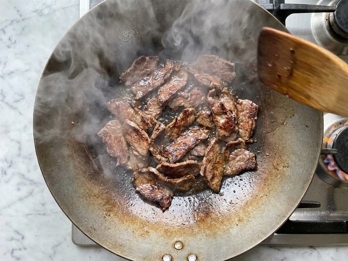 Thin slices of beef searing in a hot wok with browned edges and steam rising