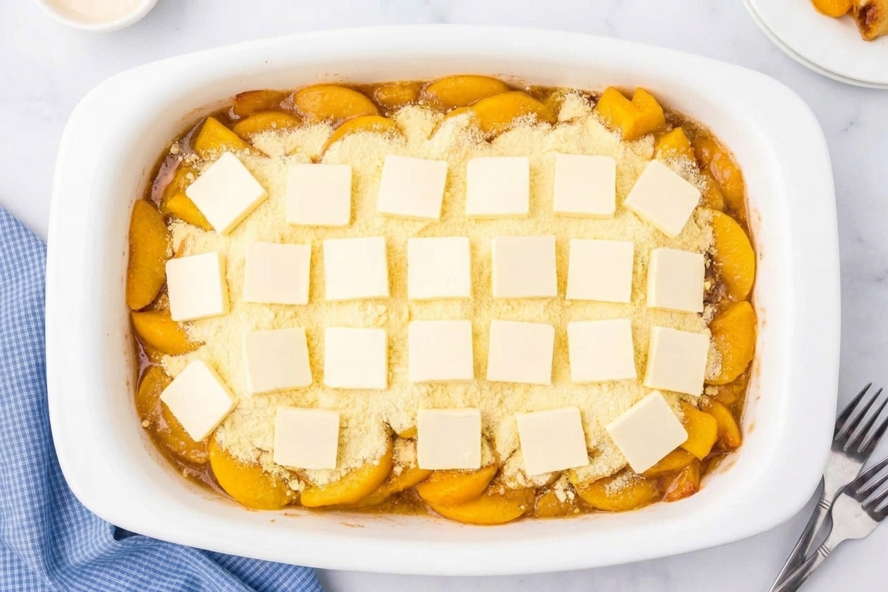 Thin slices of butter arranged evenly across dry cake mix in a baking dish before baking