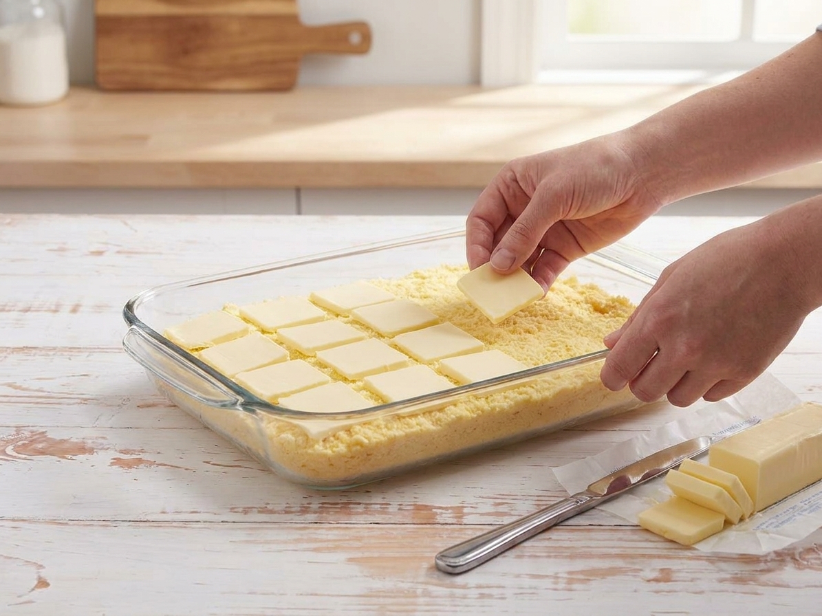 Thin slices of butter being arranged across dry yellow cake mix in a glass baking dish on a kitchen counter
