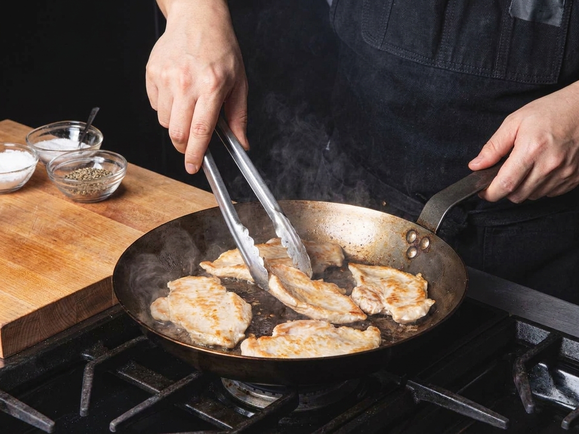 Thin slices of chicken browning in a hot skillet with light golden edges on a stovetop