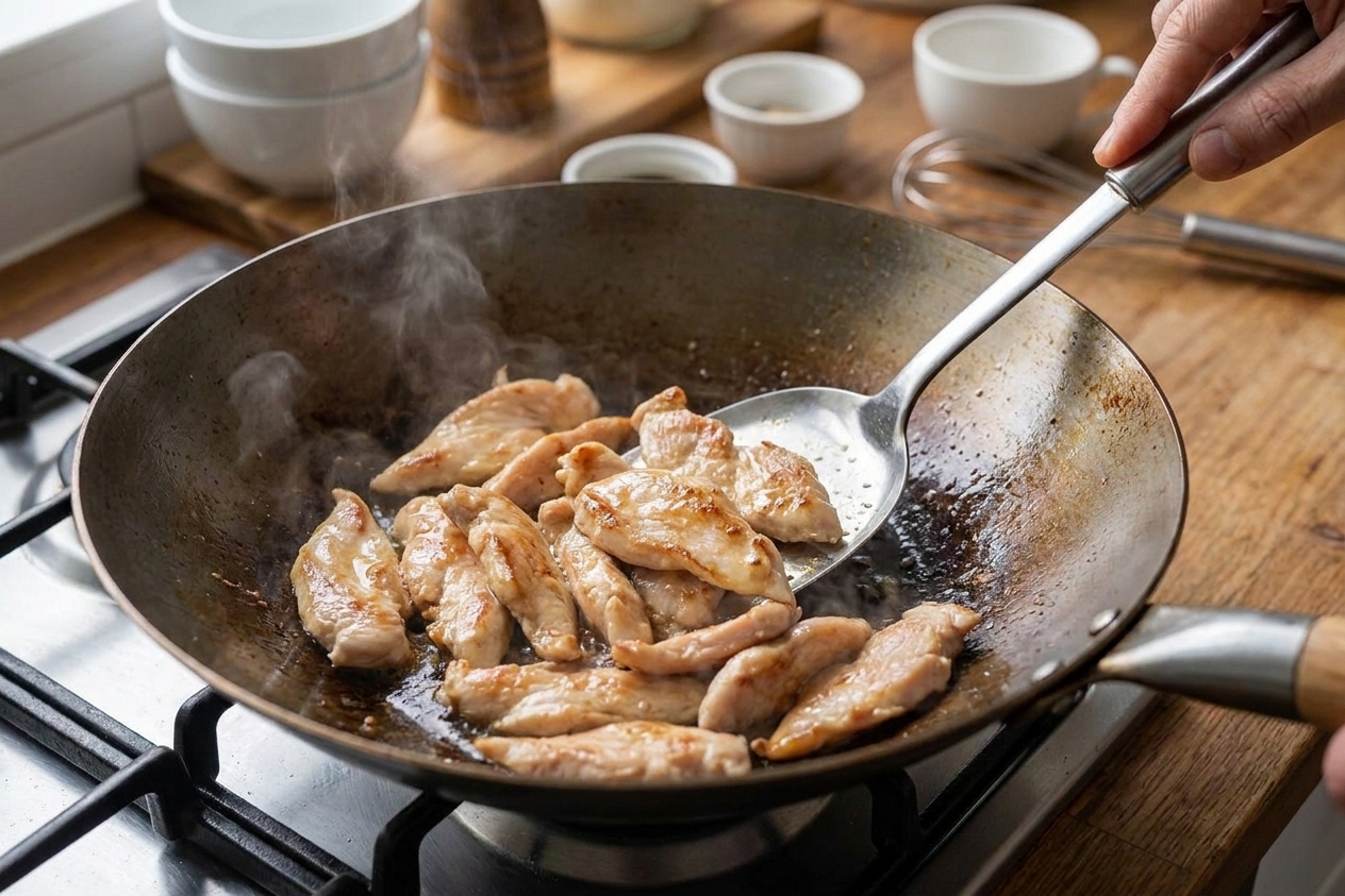 Thin slices of chicken browning in a hot wok with a light sheen of oil, photographed over a home stove