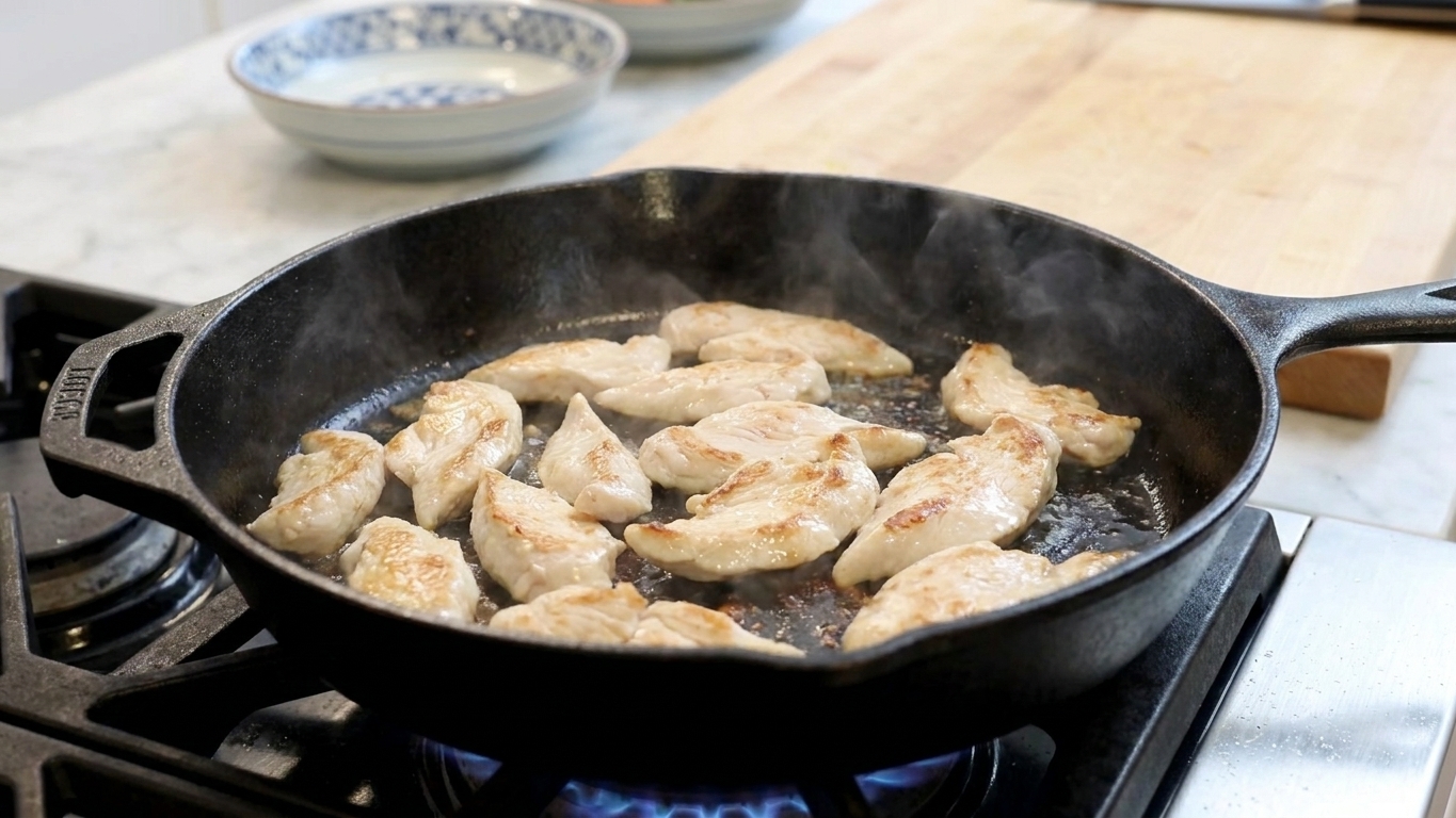 Thin slices of chicken cooking in a hot skillet with light browning on the edges