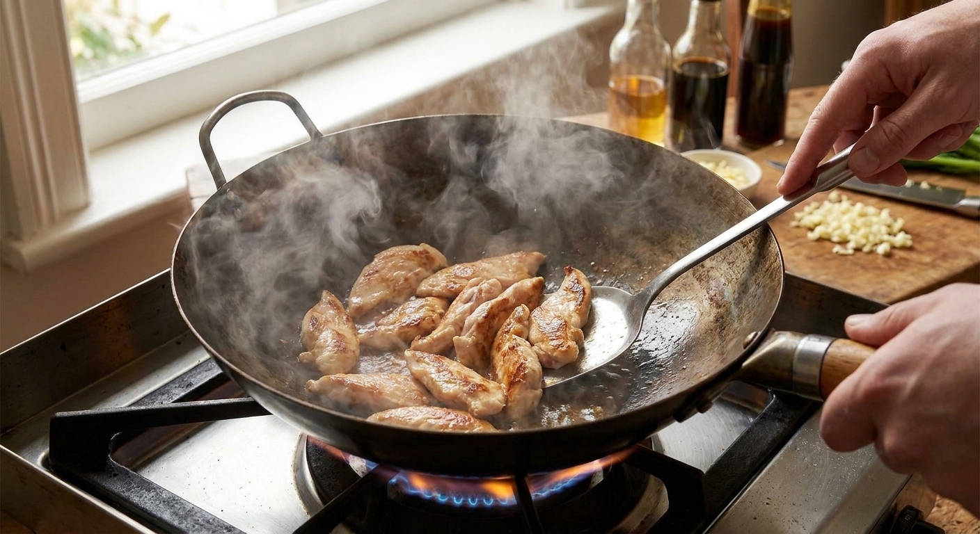 Thin slices of chicken searing in a hot wok