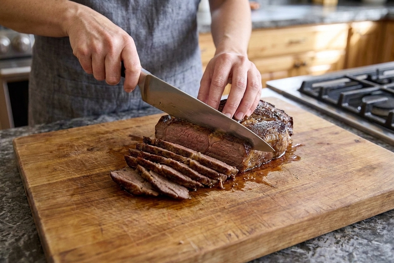 Thin slices of cooked chuck roast being cut against the grain on a wooden cutting board with a chef's knife