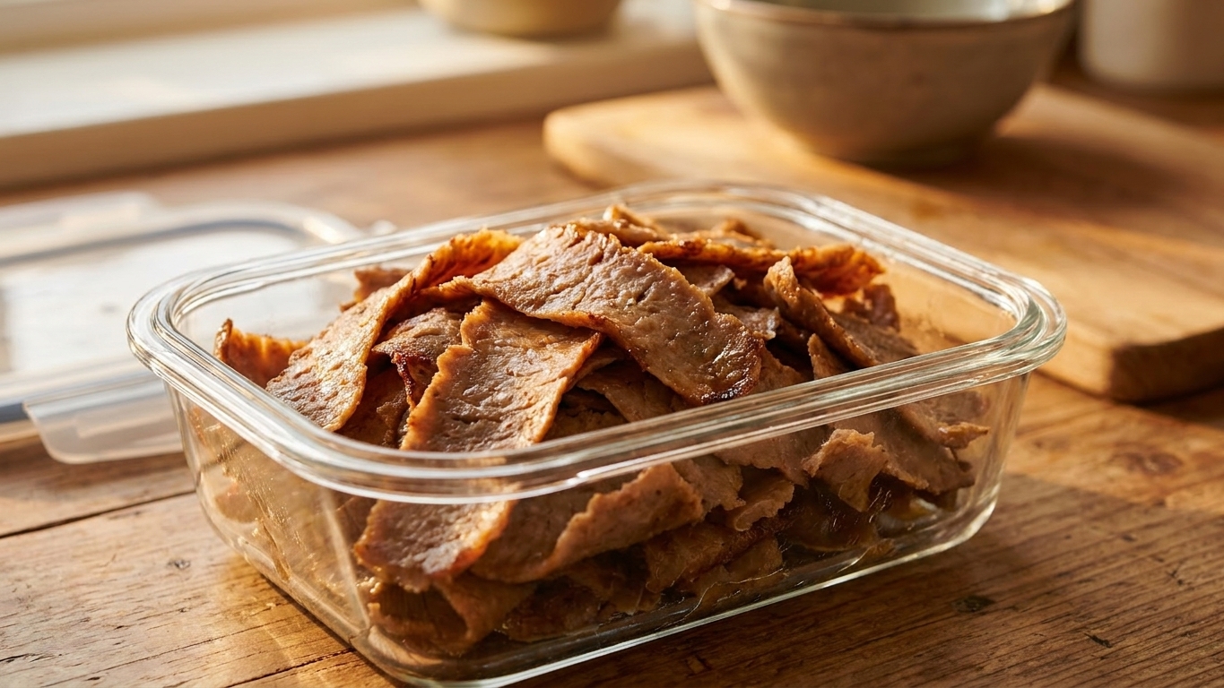 Thin slices of cooked doner meat stored in a clear airtight container on a kitchen counter