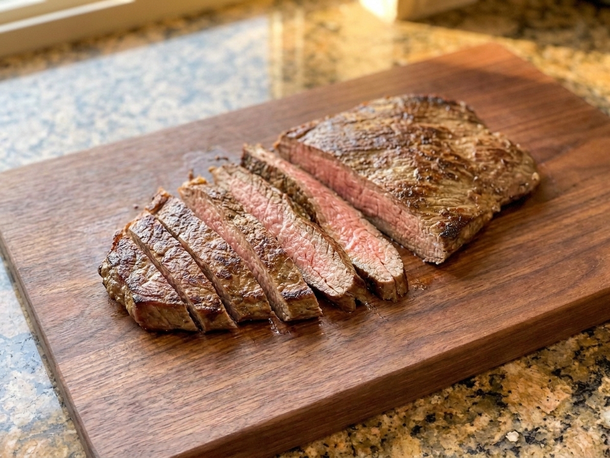 Thin slices of cooked flank steak resting on a wooden cutting board with visible grain, ready to be added to quesadillas