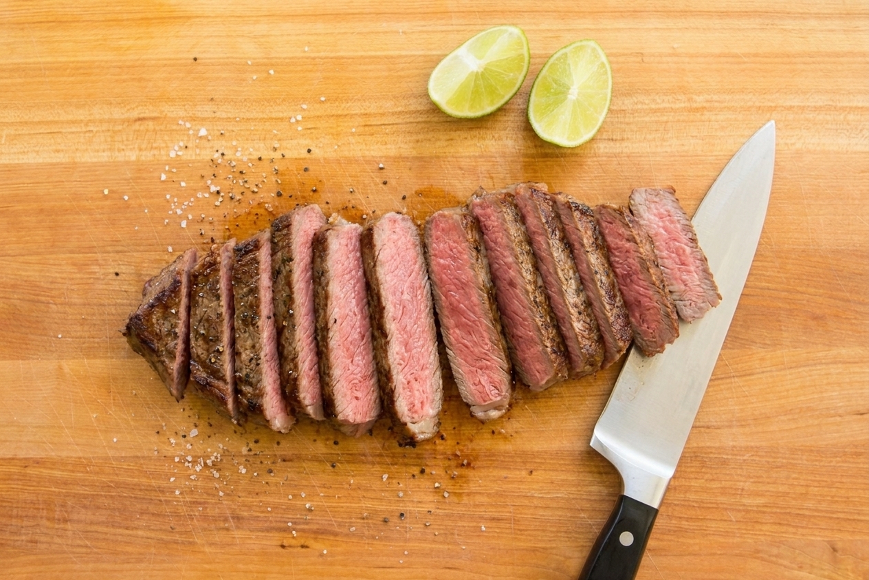 Thin slices of cooked steak on a cutting board with a knife and lime wedges nearby