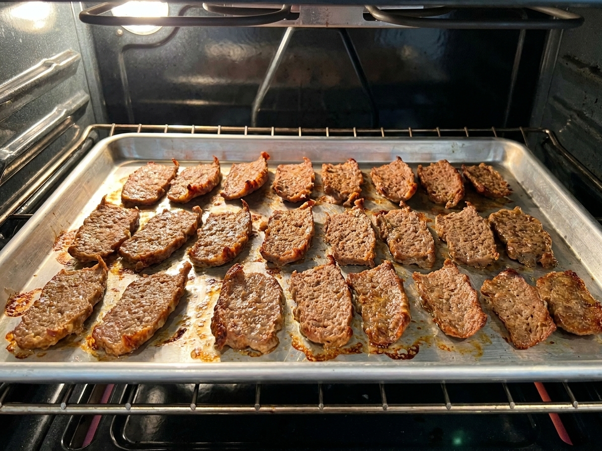 Thin slices of doner meat browning on a sheet pan under oven heat, with crisp edges starting to form