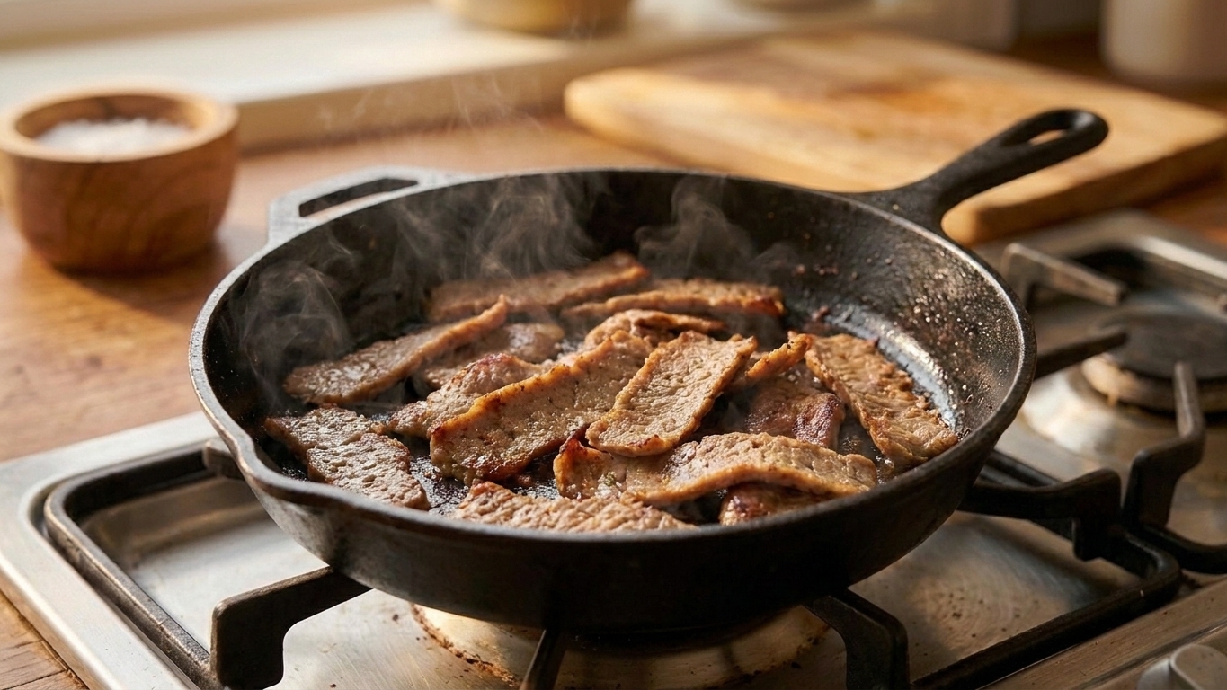 Thin slices of doner meat searing in a hot cast iron skillet with browned edges forming