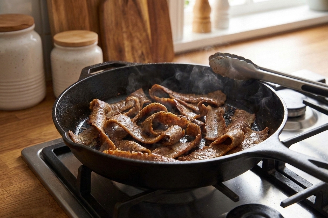 Thin slices of doner meat sizzling and browning in a cast iron skillet on a stovetop
