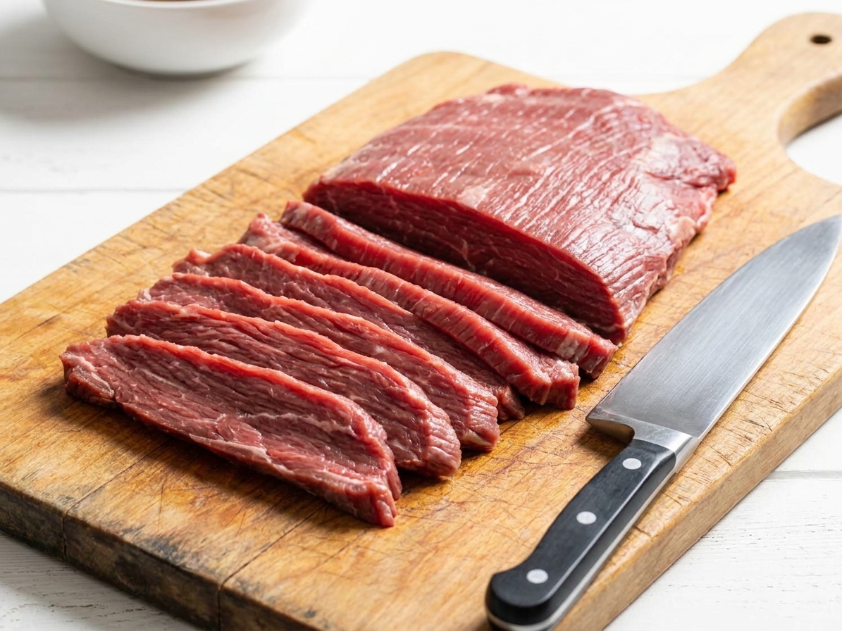 Thin slices of flank steak arranged on a cutting board with visible grain direction and a chef's knife beside it