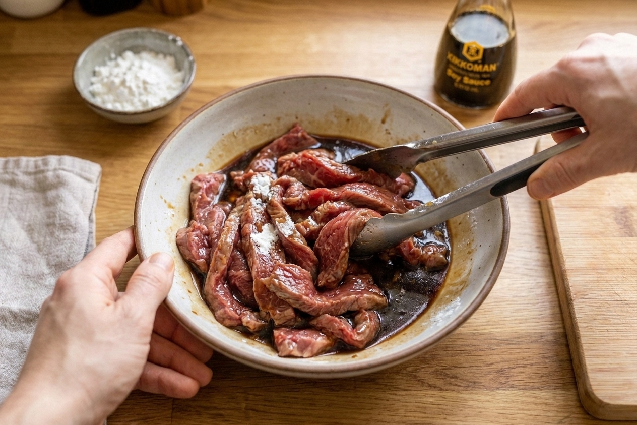 Thin slices of flank steak in a bowl being tossed with cornstarch and soy sauce