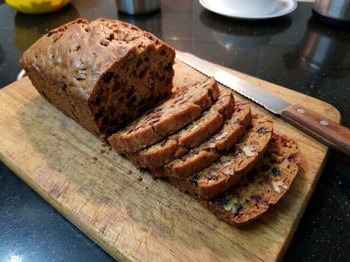 Thin slices of fruitcake fanned on a wooden cutting board with a serrated knife beside them