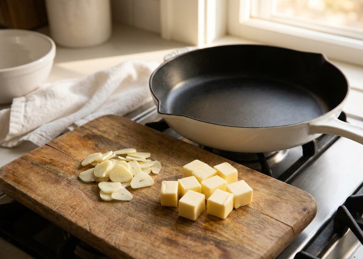 Thin slices of garlic and cubes of butter on a cutting board beside a skillet on a home kitchen stove in warm light