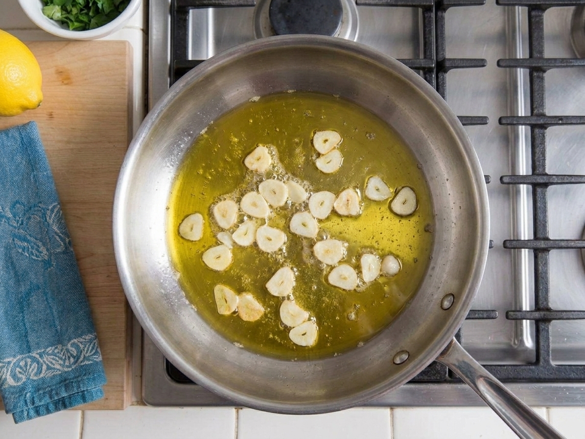 Thin slices of garlic gently sizzling in olive oil in a stainless steel skillet on a stovetop