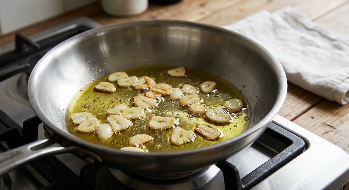 Thin slices of garlic gently sizzling in olive oil in a wide skillet on the stovetop