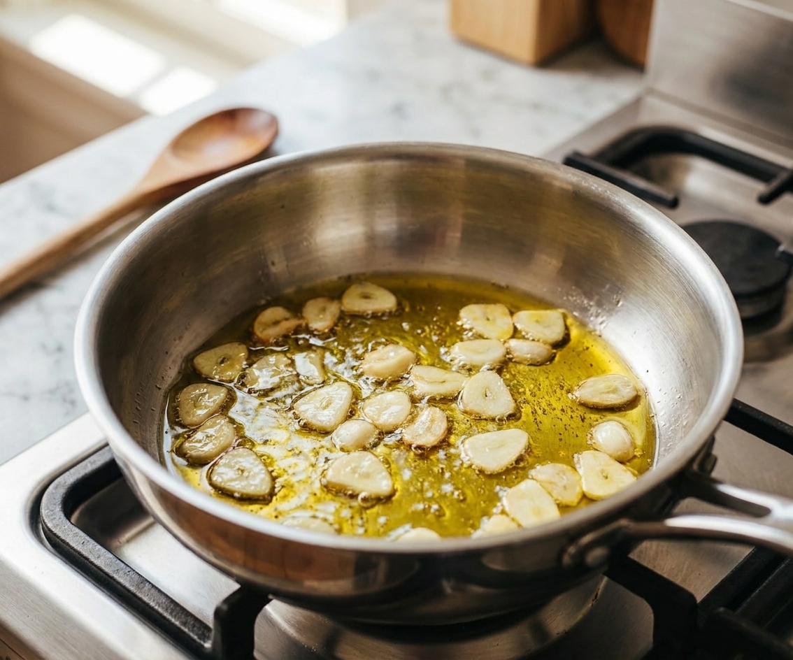 Thin slices of garlic gently sizzling in olive oil in a stainless steel saucepan on a home stove with warm kitchen lighting
