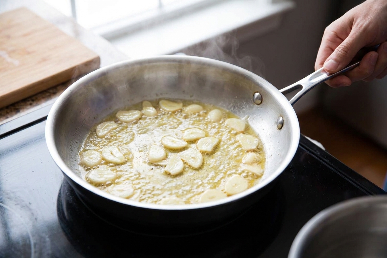 Thin slices of garlic melting into butter in a stainless steel skillet on a stovetop