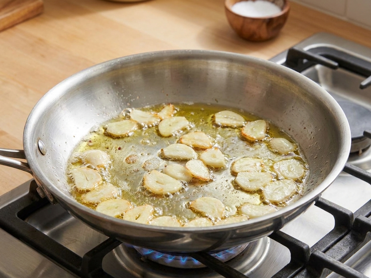 Thin slices of garlic sizzling in olive oil in a skillet on the stovetop, starting to turn golden