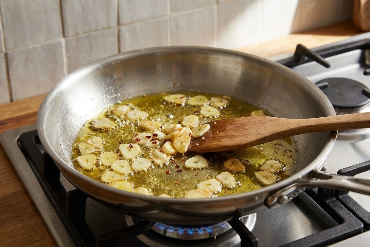 Thin slices of garlic sizzling in olive oil in a wide stainless steel skillet on a home stovetop