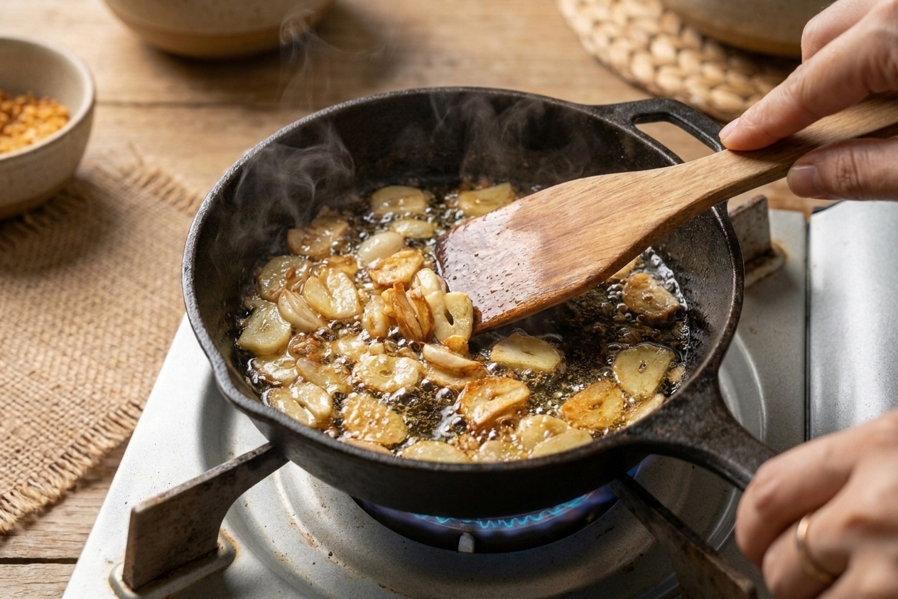 Thin slices of garlic turning golden in a small skillet with oil on a stovetop