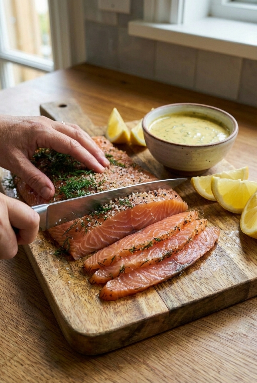 Thin slices of gravlax being cut from a salmon fillet with a sharp knife on a cutting board