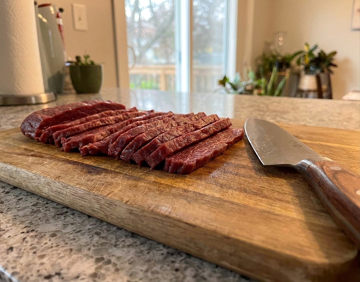 Thin slices of lean beef laid in neat strips on a wooden cutting board beside a chef knife under warm kitchen lighting