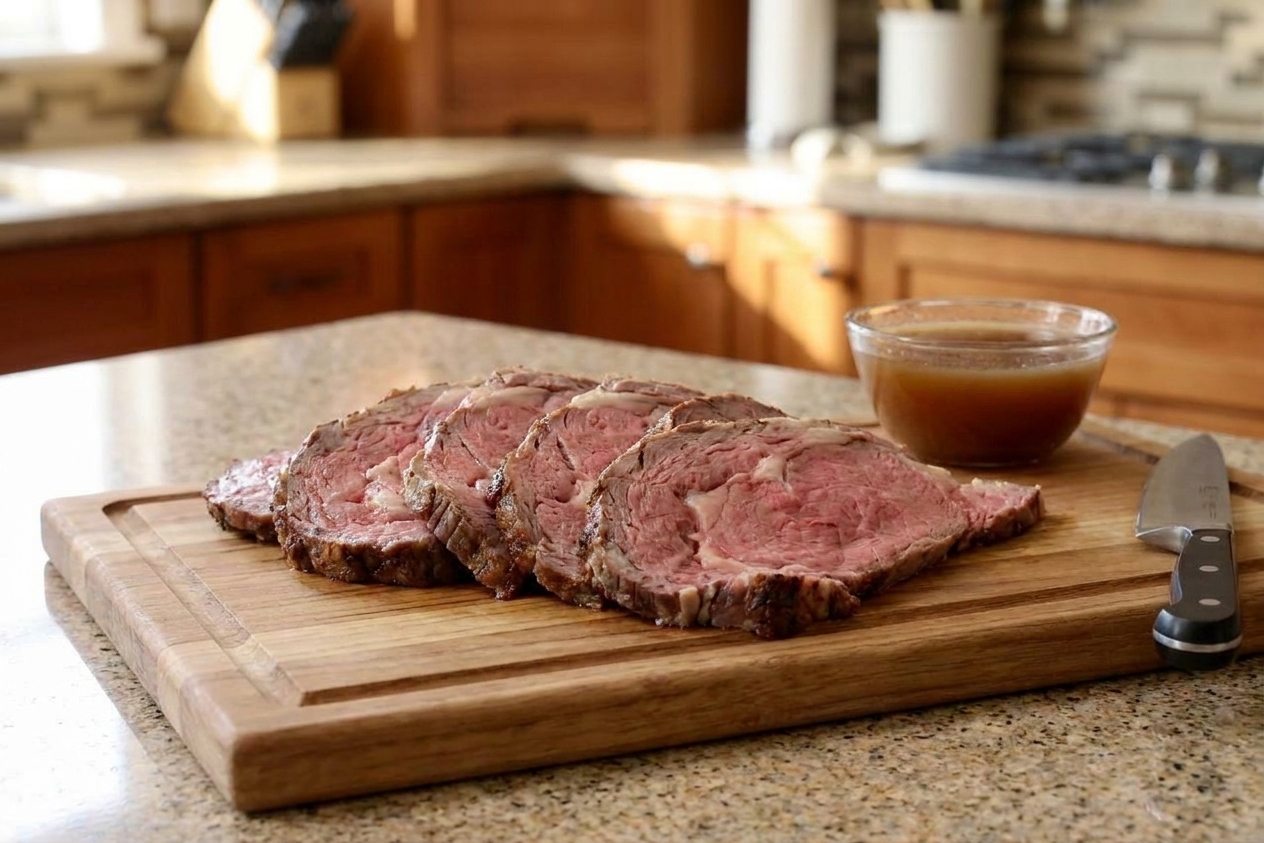 Thin slices of leftover prime rib fanned on a cutting board with a visible pink center and browned edges