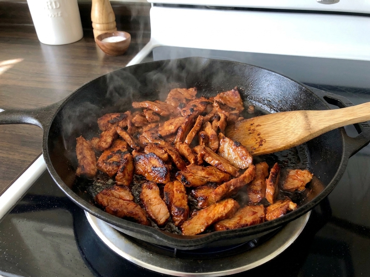 Thin slices of marinated pork sizzling and browning in a hot skillet with visible caramelized edges