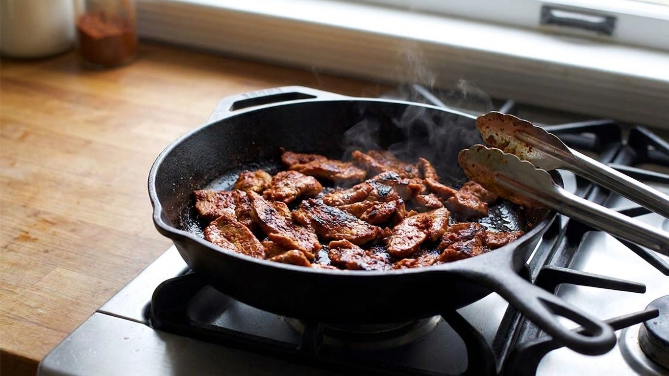 Thin slices of marinated pork sizzling in a cast iron skillet as browned edges form, with tongs resting nearby