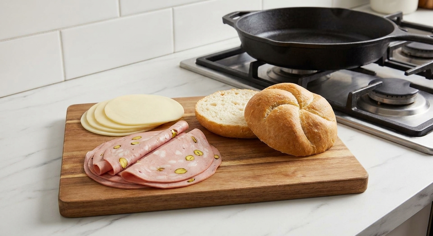 Thin slices of mortadella and provolone stacked on a cutting board next to a split roll