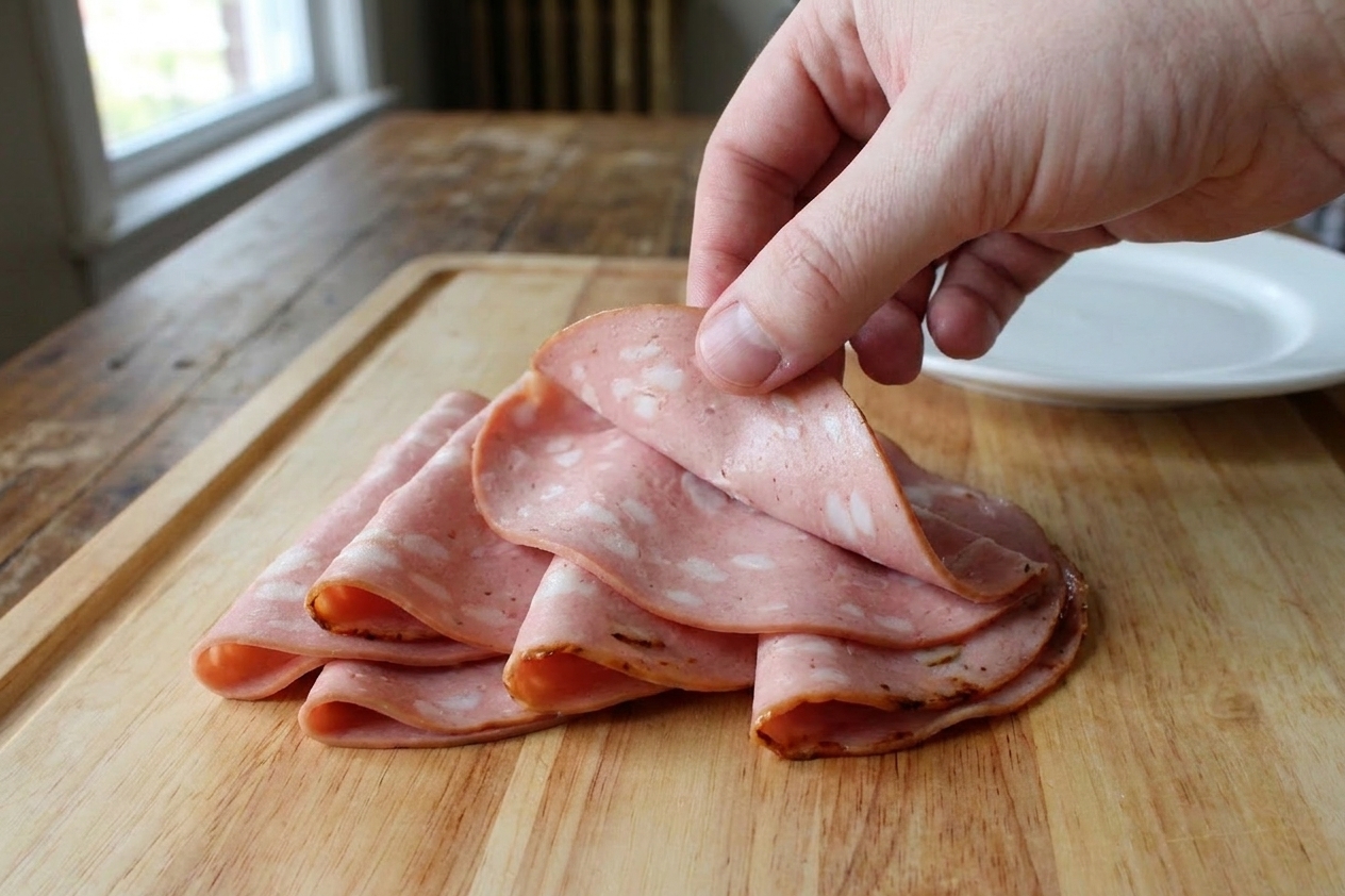 Thin slices of mortadella folded and stacked on a cutting board, showing the pink meat and white fat specks
