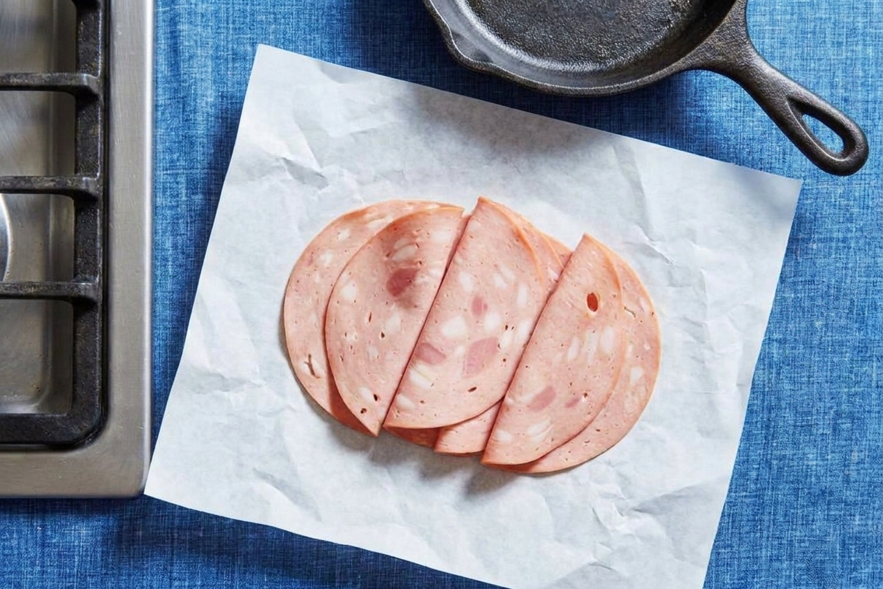 Thin slices of mortadella folded on deli paper on a kitchen counter, ready for cooking