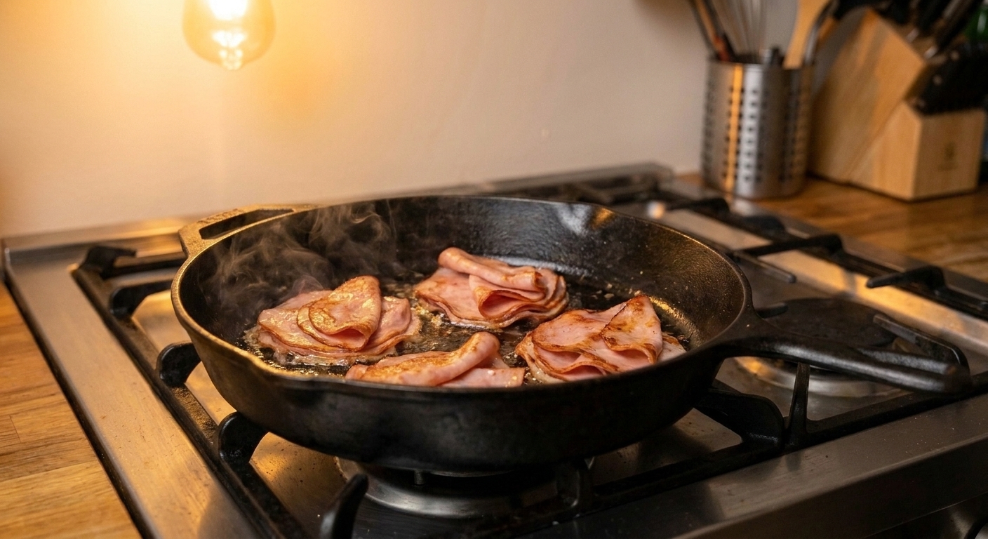 Thin slices of mortadella stacked in small piles, sizzling in a hot skillet as the edges turn golden and crisp