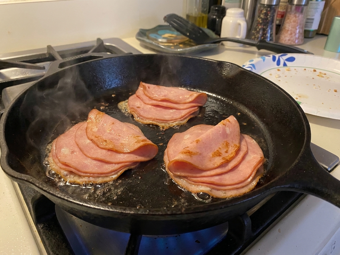 Thin slices of mortadella stacked into three small piles in a hot skillet, edges beginning to brown